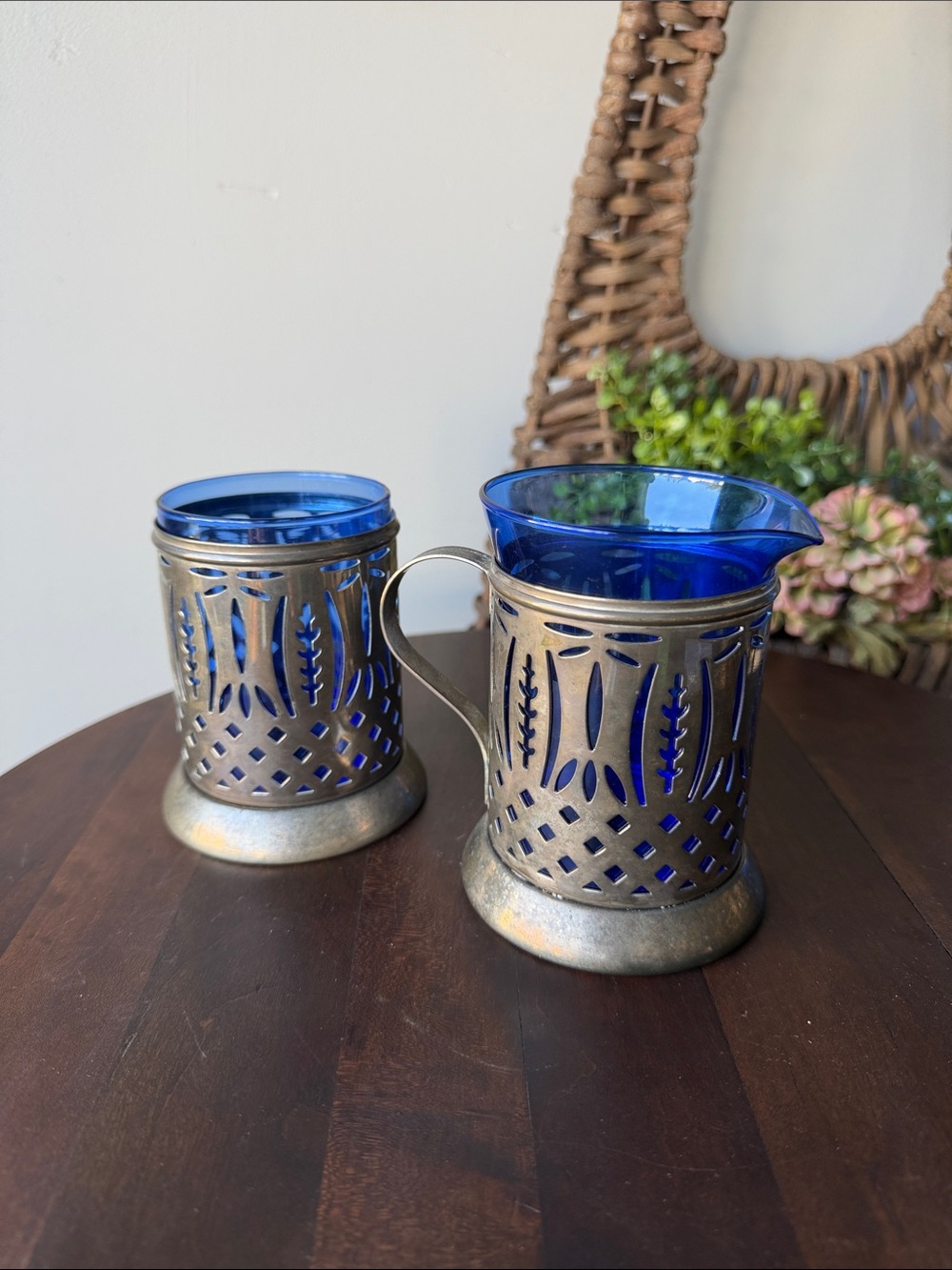 Antique Cobalt Blue Glass and Silver Plated Cream and Sugar Set